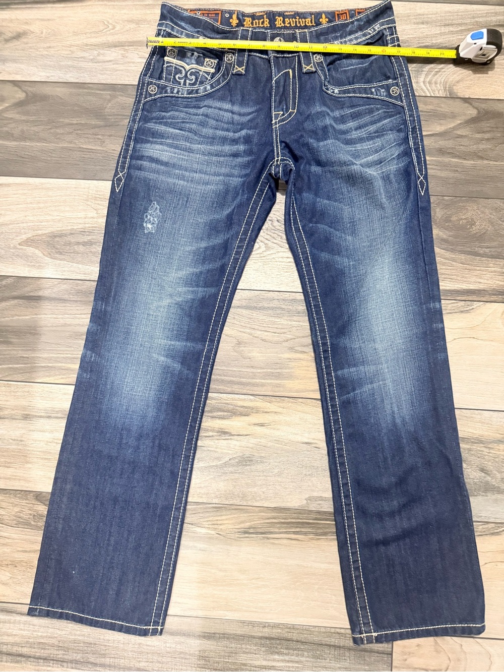 Rock Revival men’s 30x30 Blue Boot Cut Jeans with Faded Whiskering